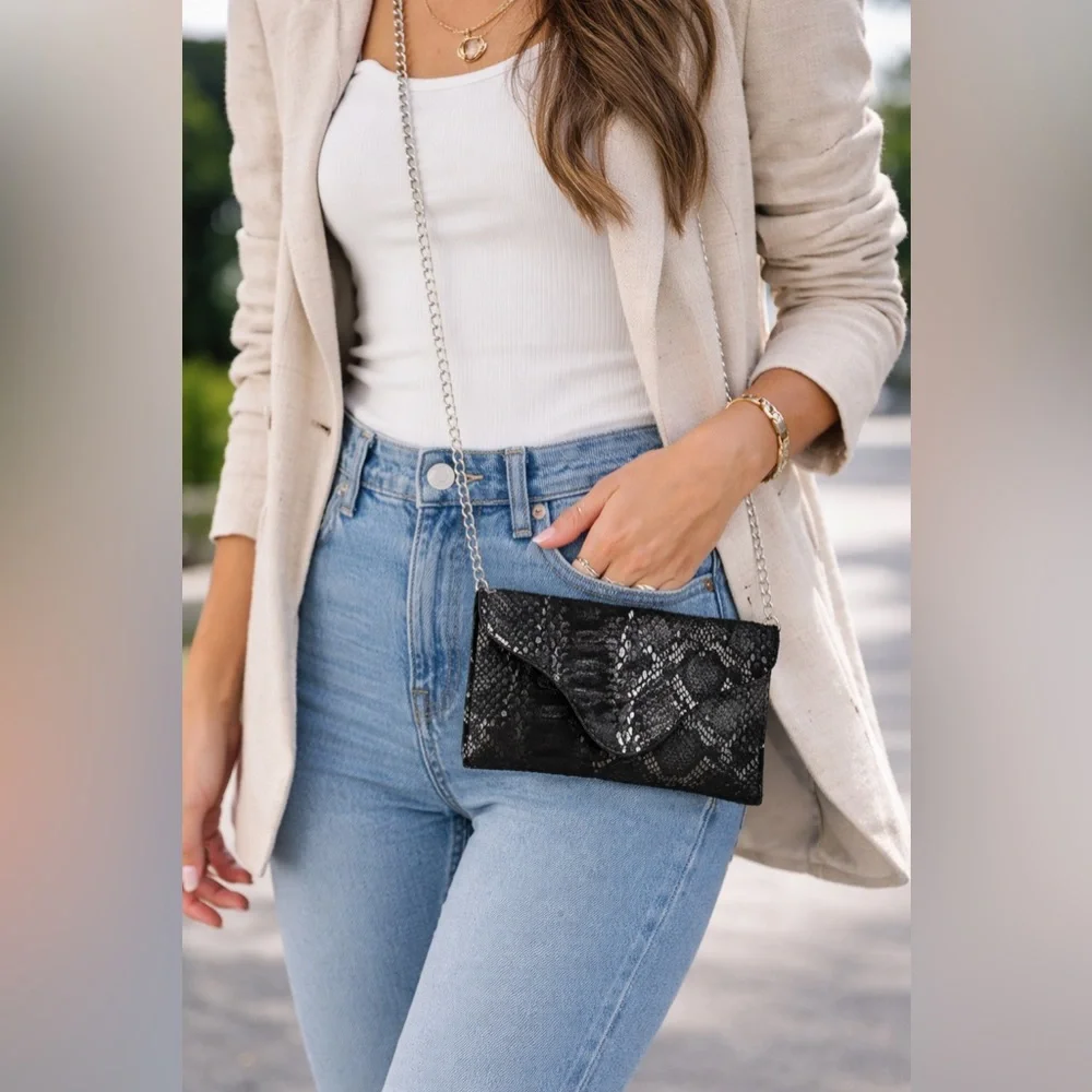 JJ Winters Envelope Crossbody Black Snakeskin Chain Bag
